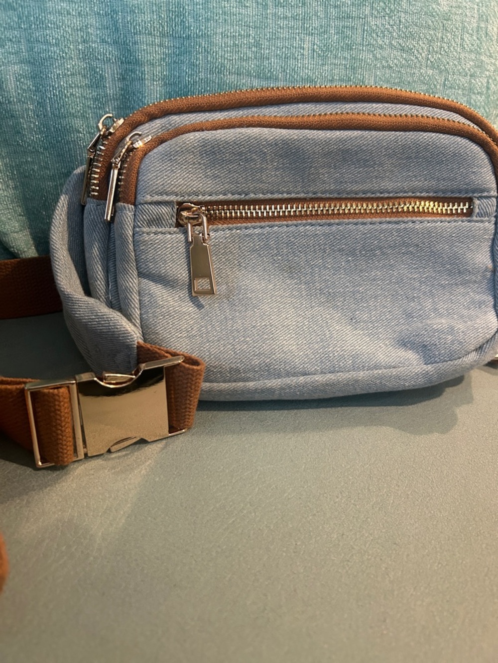 Madison West Light Blue Denim Belt Bag with Brown Trim/Gold Hardware